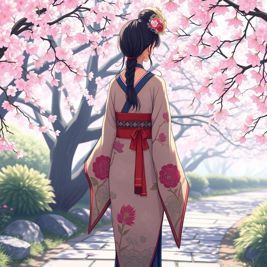 Anime Woman in Cherry Blossom Garden