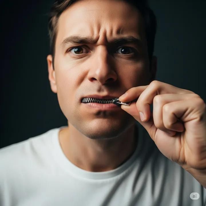 A guy zips his mouth shut