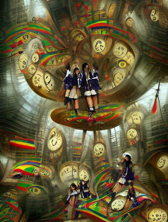 Japanese Schoolgirls inside a Giant Psychedelic Clock laughi...