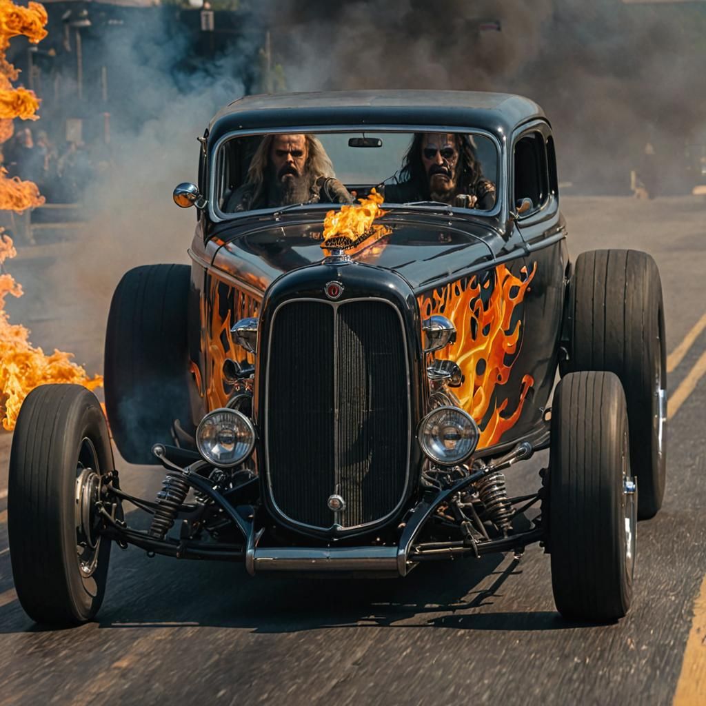 Rob Zombie driving a dragula hot rod with flames shooting out of the ...