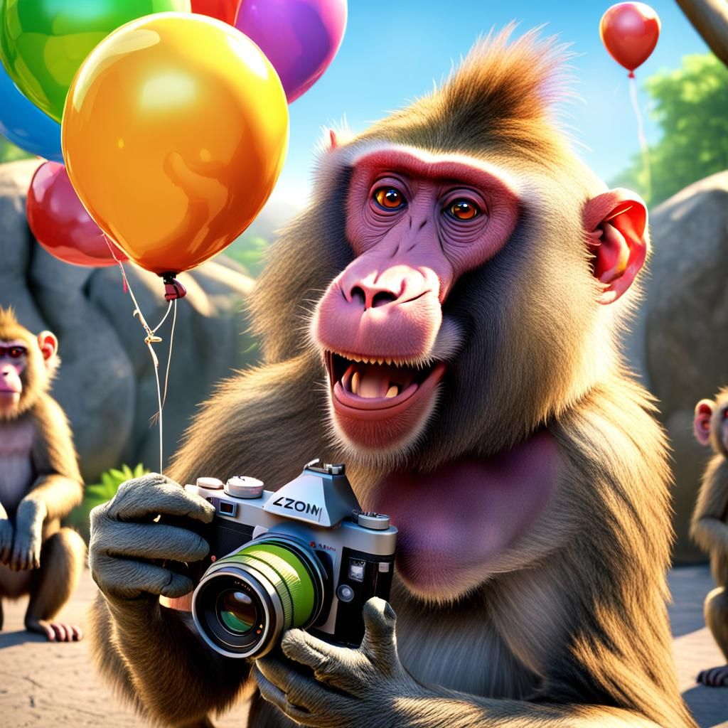 Make a closeup of CGI cartoon happy baboon holding a balloon next to a ...