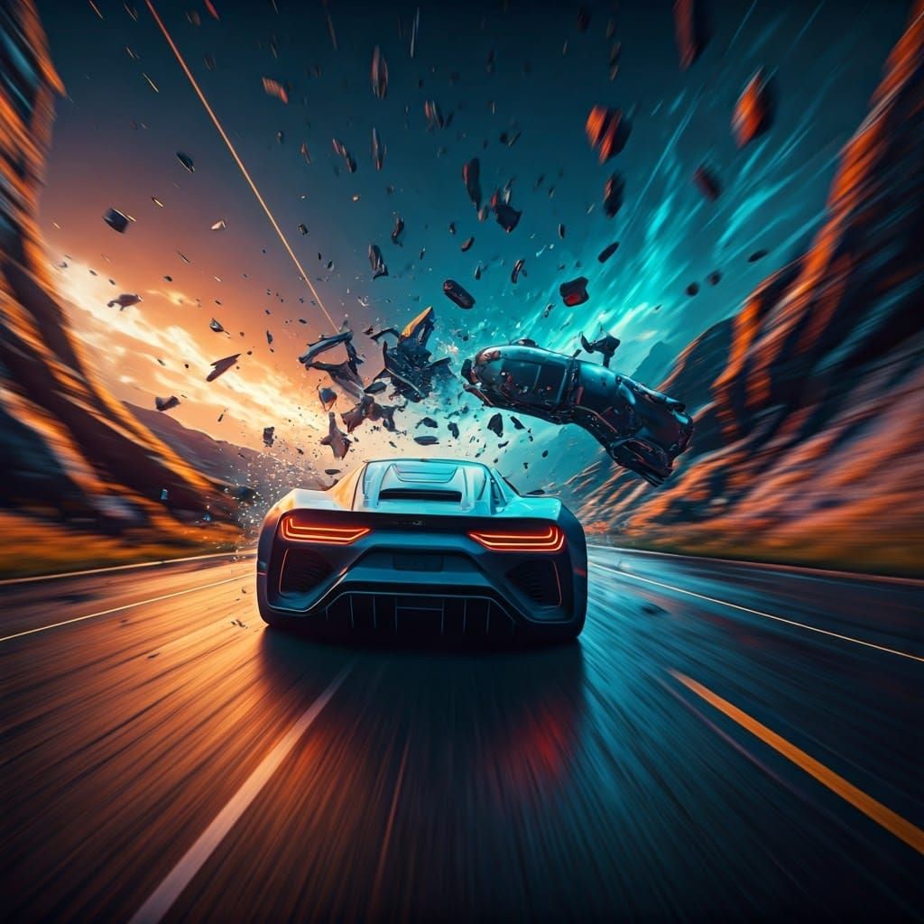 Sleek Car Crashes in a Fantastical, Iridescent Landscape