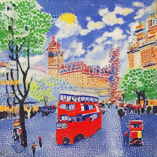 <lora:Pointillism:1.3> London old quarter, people in the streets, buses cars