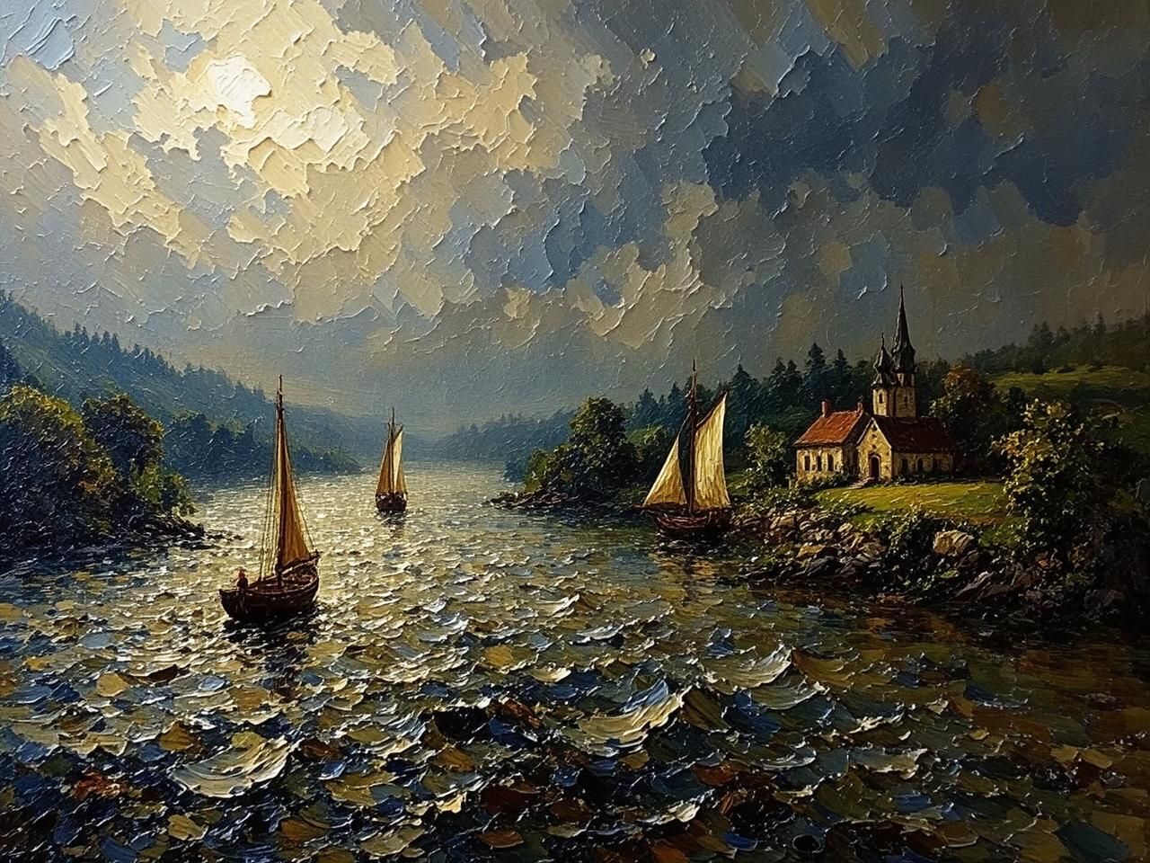 Sailboats on the Elbe River before an approaching storm in the evening - a reminiscence of Ernst Ferdinand Oehme