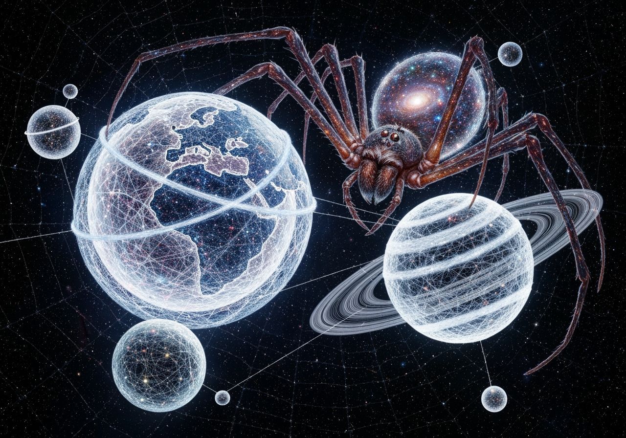 Cosmic Spider Weaving Galaxies and Planets in Space
