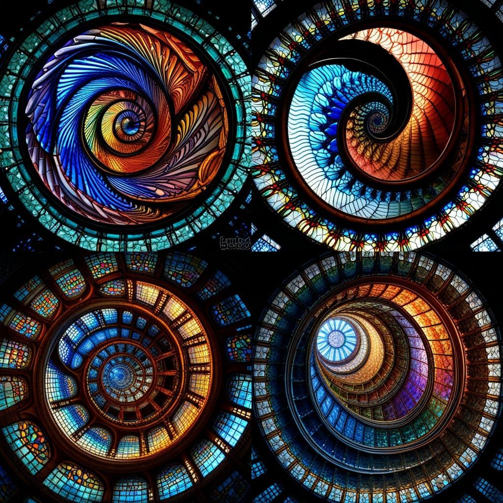 Escher view into an infinitely repeating tilting cochlea spiral of glittering shiny mulitcolor stained glass windows wit...