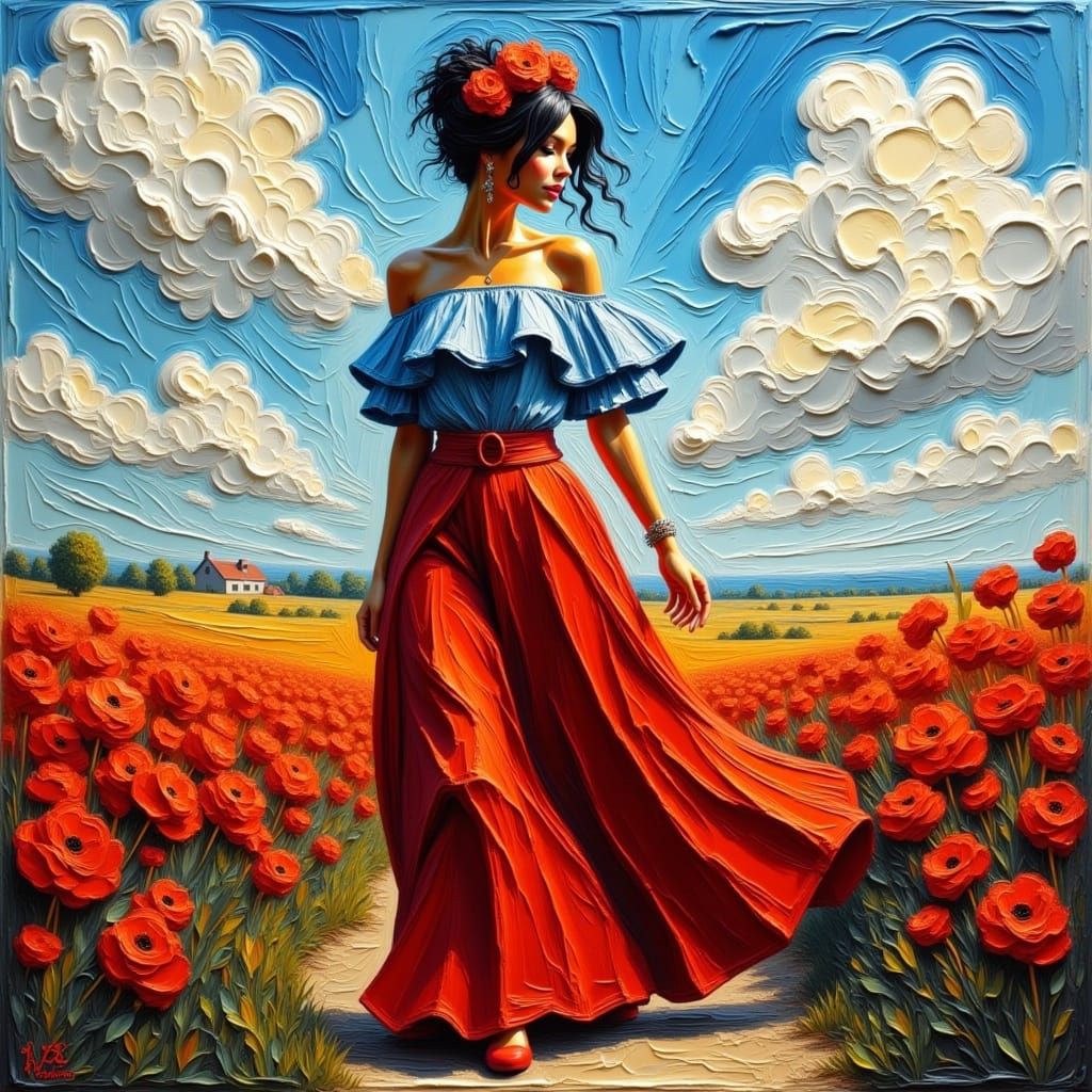 <lora:Impasto Painting Fx:1.0> full length photo of a beautiful brunnette woman, black hair, a headband, flower pattern blue blouse and red...