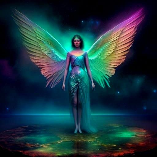 Ethereal Woman with Gossamer Wings in Cosmic Nebula