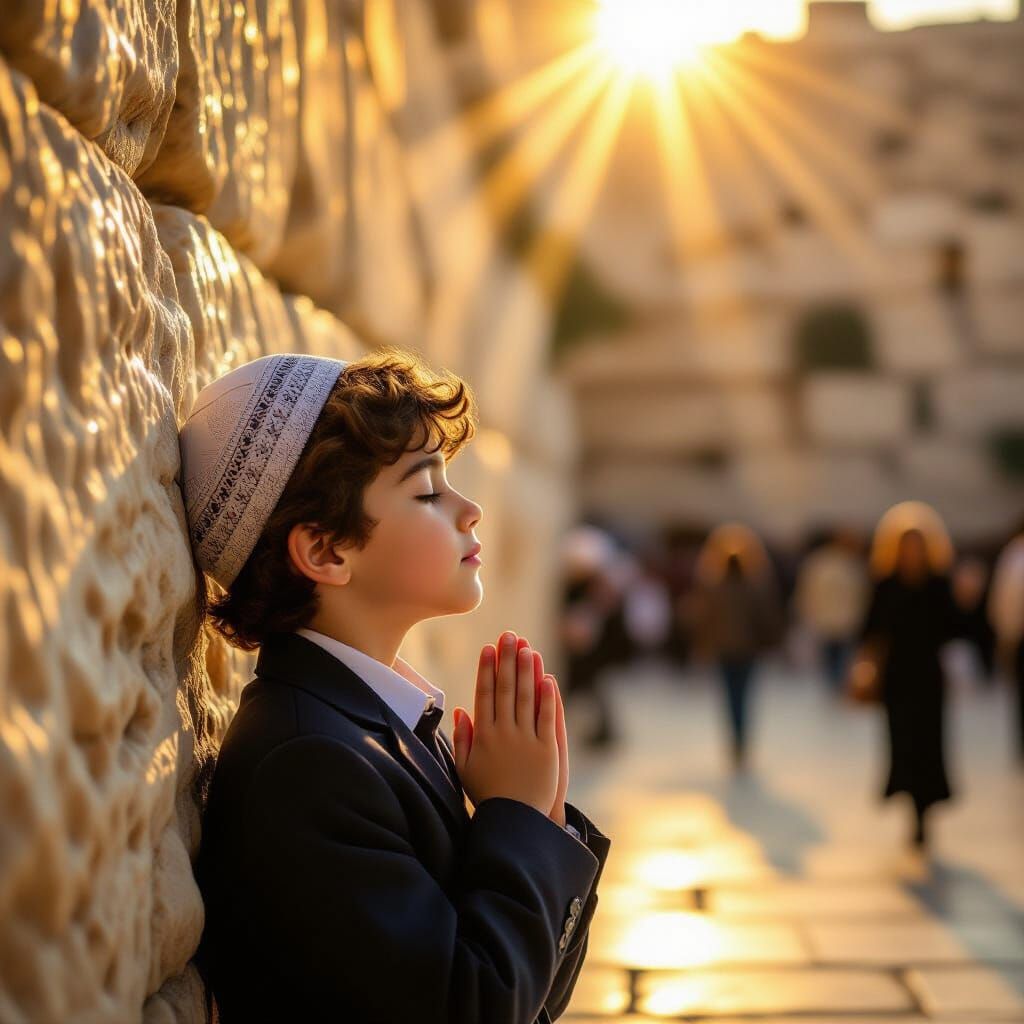 Boy Praying at Western Wall in Golden Hour Light
