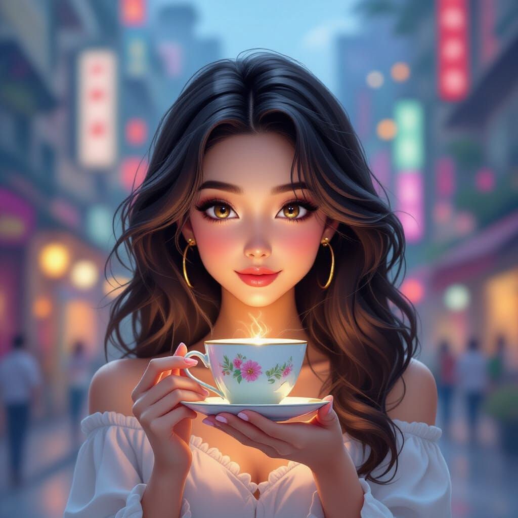 Anime Cityscape: Woman with Luminous Hair Holds Teacup