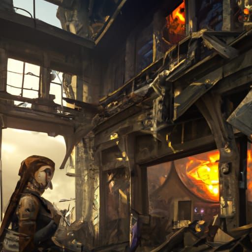 Burned abandoned building with man and female mannequin sitt...
