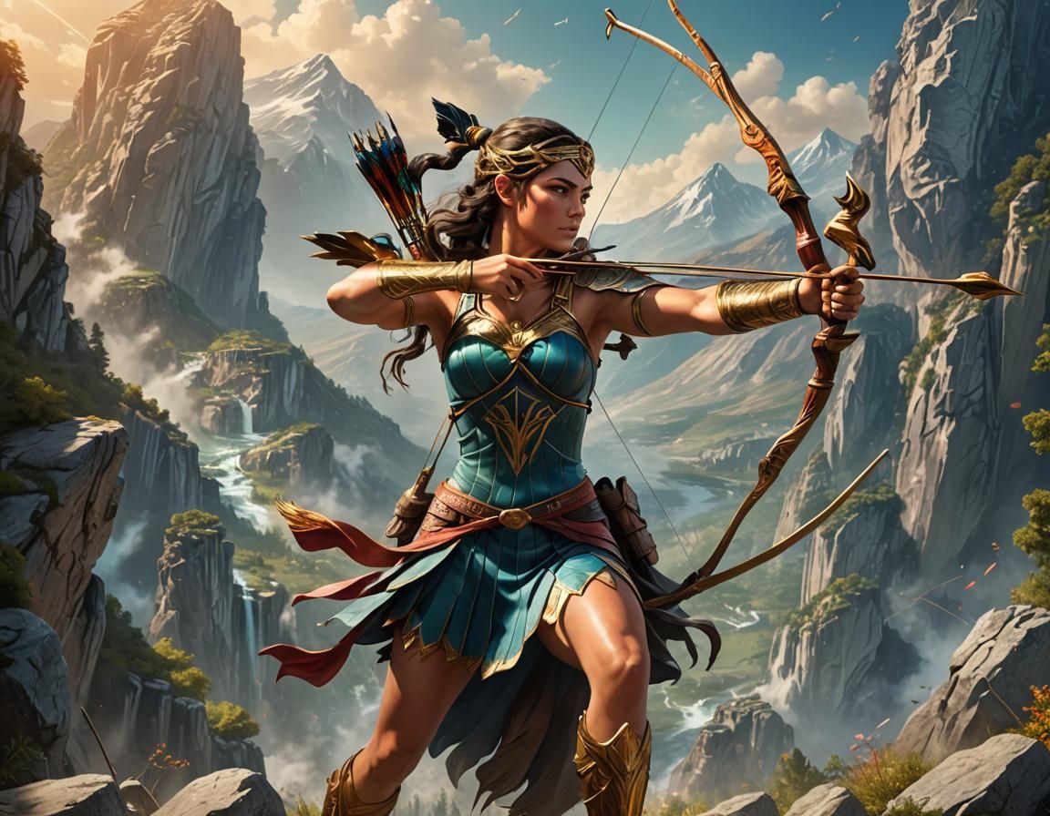 Beautiful Artemis hunting with a bow and arrow on Mount Olympus  by @Runway Lights 