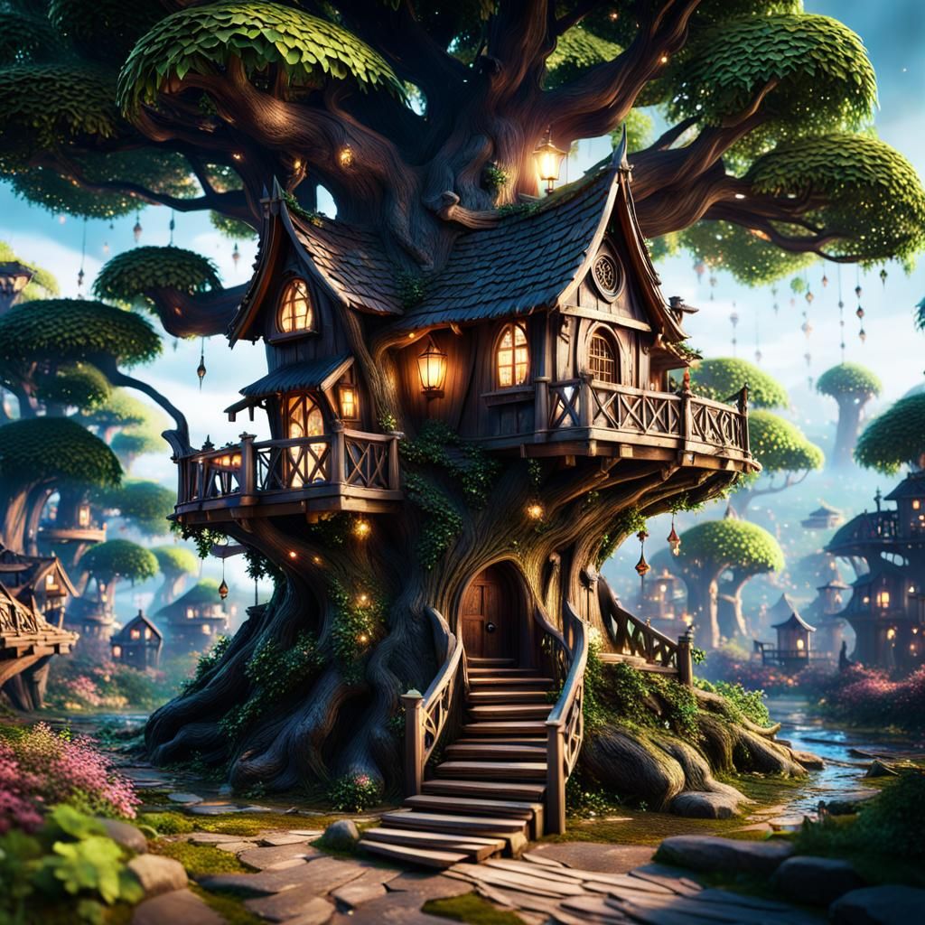 Fairy Treehouse Village - AI Generated Artwork - NightCafe Creator