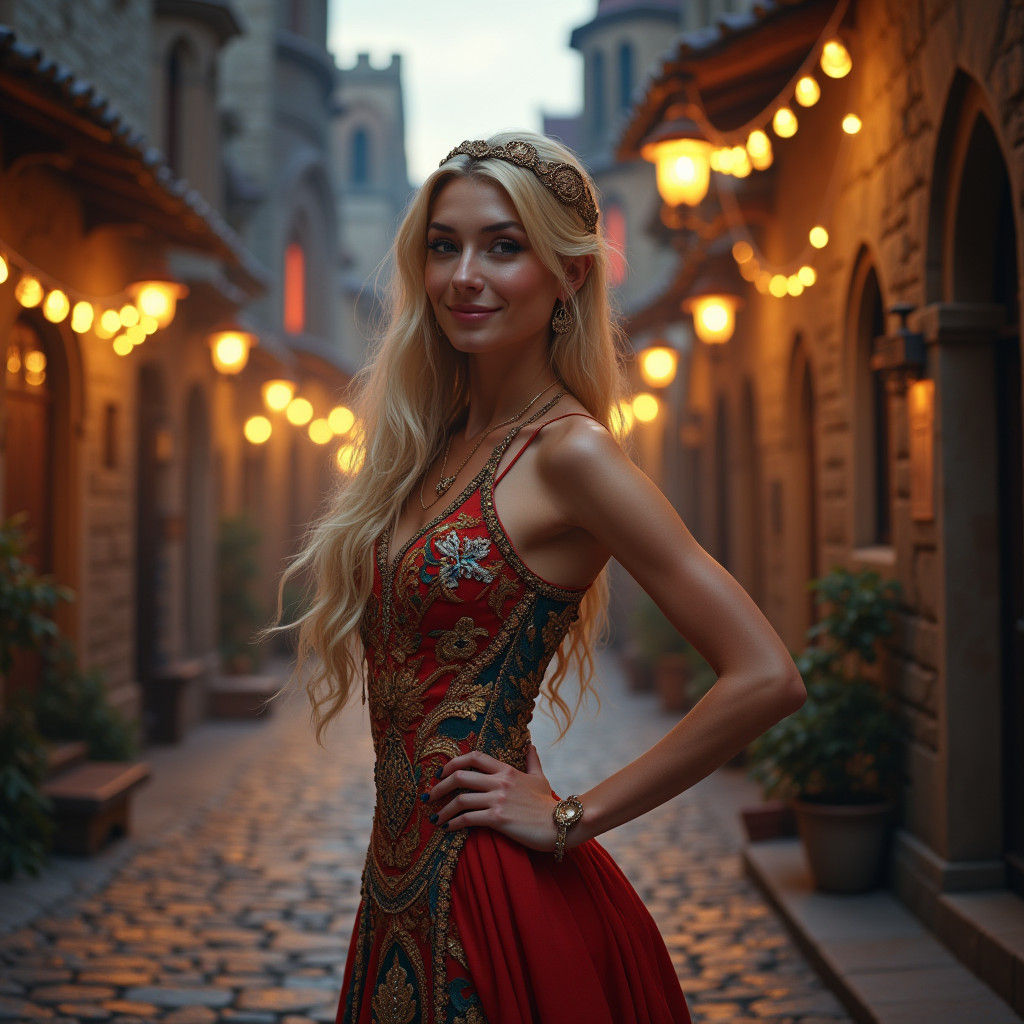 Medium shot of a beautiful woman in gypsy dancer dress, she ...
