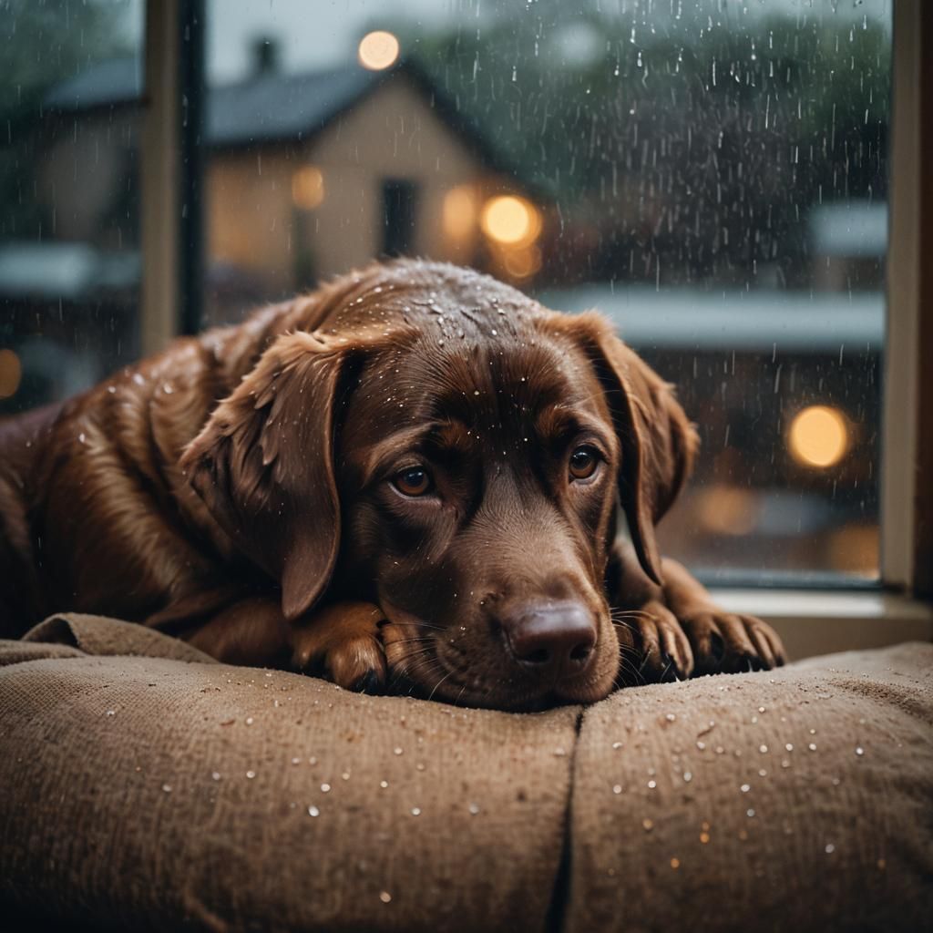 A rainy night viewed through a window, with a cozy nook and a brown labrador curled up nearby.  by @Shawry