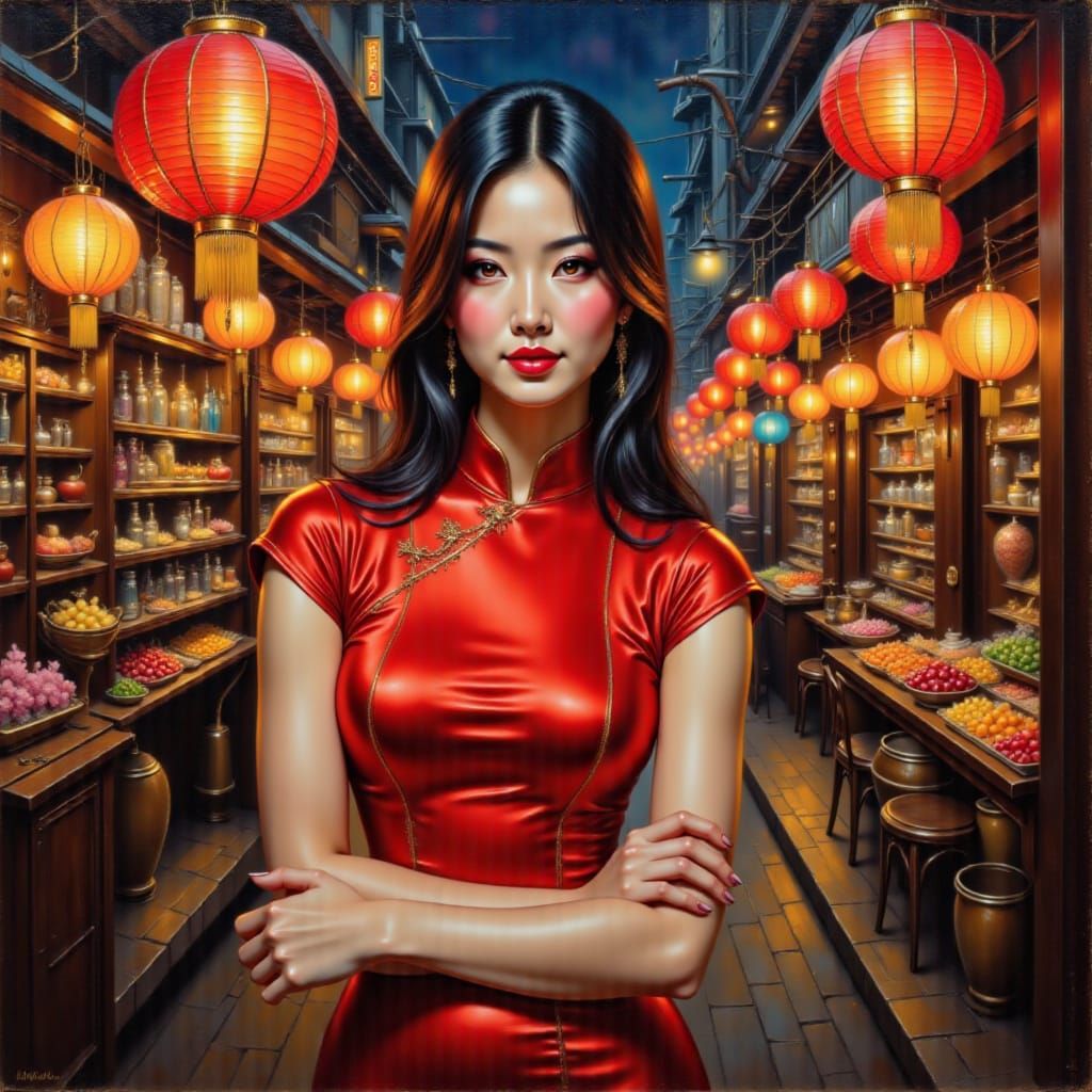 <lora:Asian Women 1-01:1.0> Oil painting of a pretty Asian woman in a red silk cheongsam, standing under glowing paper lanterns in a Shangha...