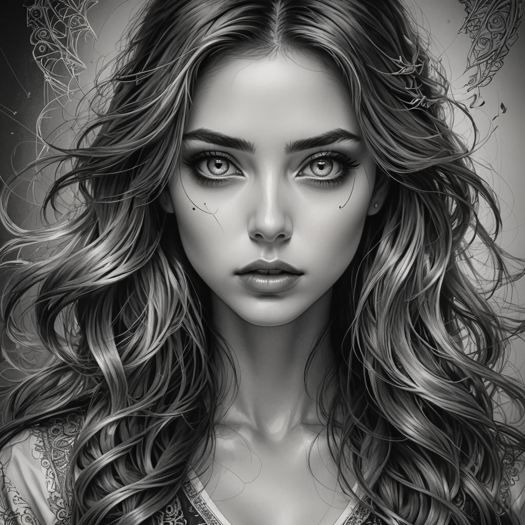 ai girl, edge angular face, big shiny eyes, sketch, long wavy hair. piercing gaze, big full lips