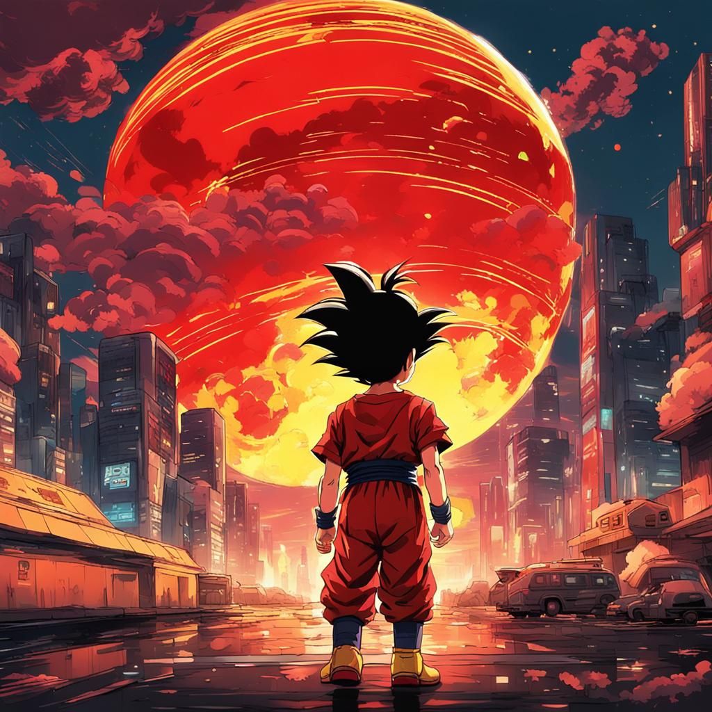 Son Goku smiles as a child in red dress flying in a cloud with a yellow ...