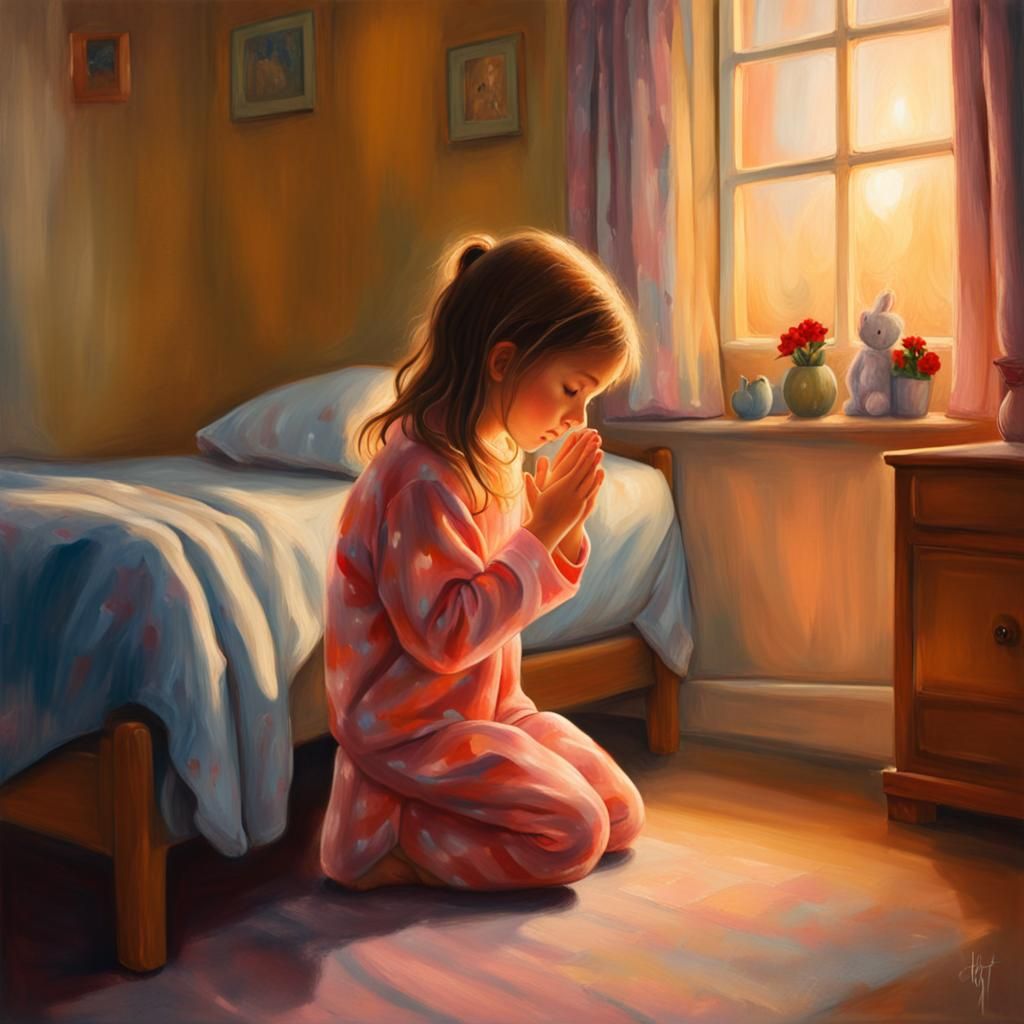 It is a whimsical oil painting of a little girl, eight years old, with brown curly hair. She kneeled ...  by @Nednut4362