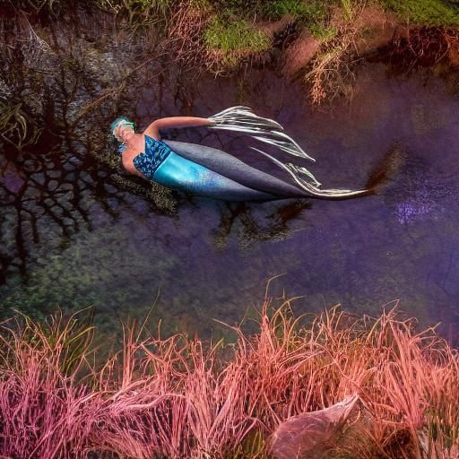 Realistic photo, a mermaid swims away underwater and extends...