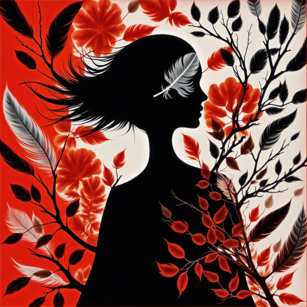 <lora:RBW:1.0> Photgram rayograph, feathers, , branches and flowers in  in red, black and white
