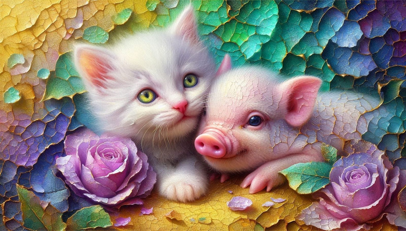 Crinkly kitten and piglet