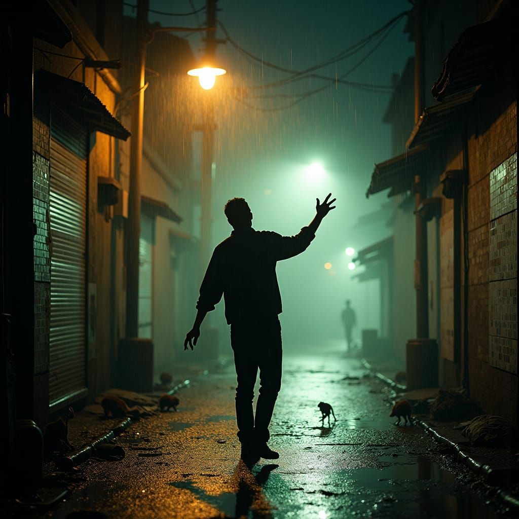 Man Dancing in Rainy Street: Cinematic Film Still