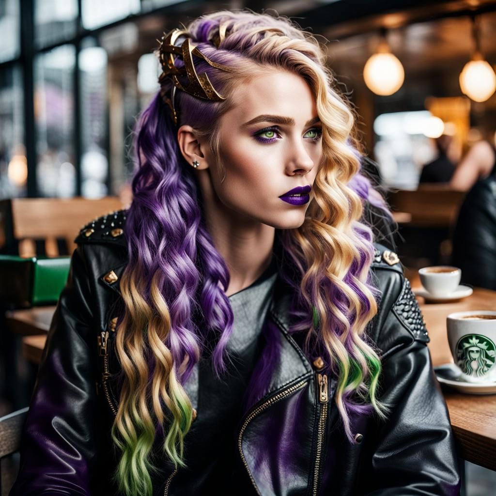 Valkyrie with Viking features, wavy golden hair that has pur...