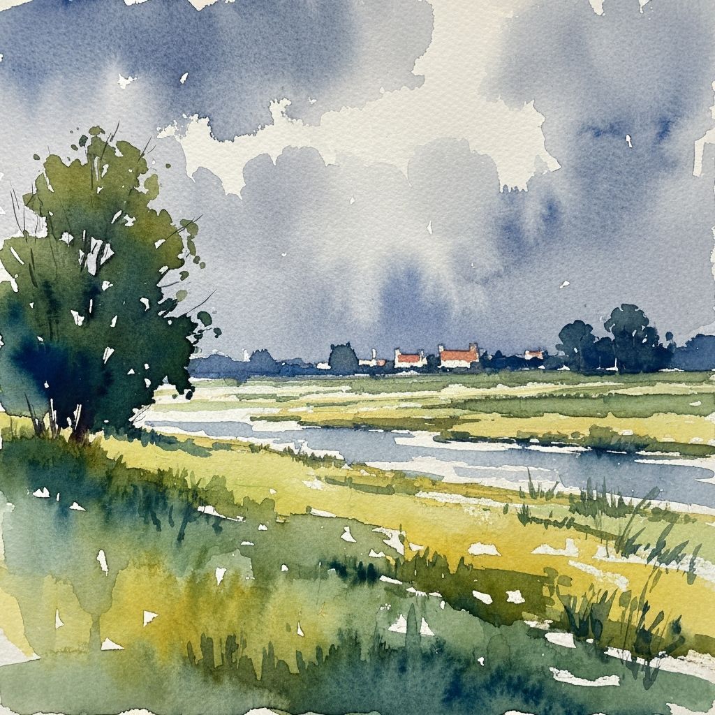 Vibrant Watercolor Serene Landscape Painting