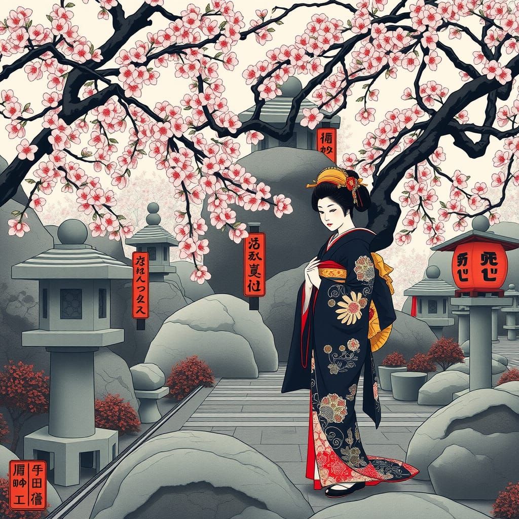 Ukiyo-e art, on handmade paper, new-prints style, with kanji...