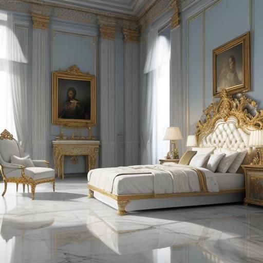 A sunny open bedroom in a Greco-Roman design . Large bed wit...