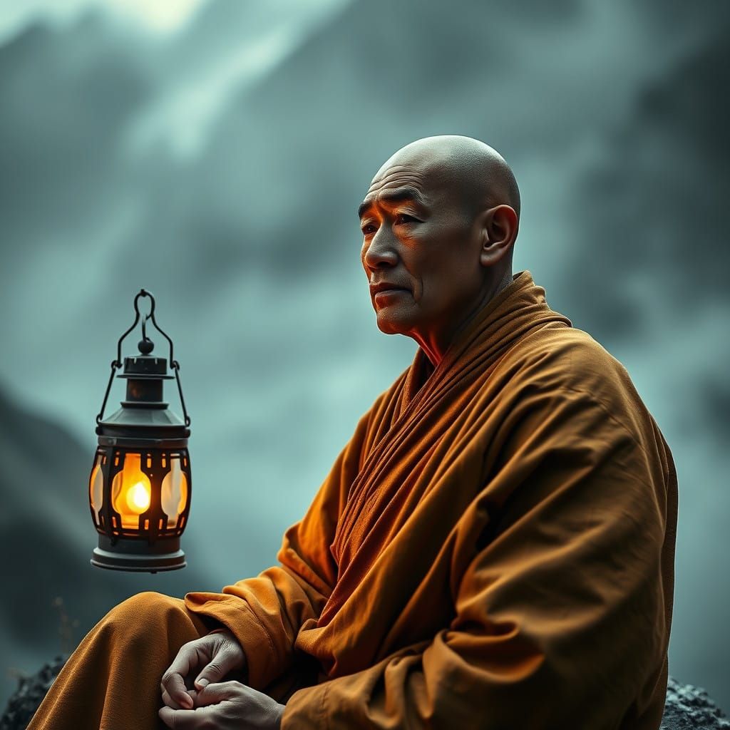 Serene Monk in Contemplation Amidst Misty Mountains