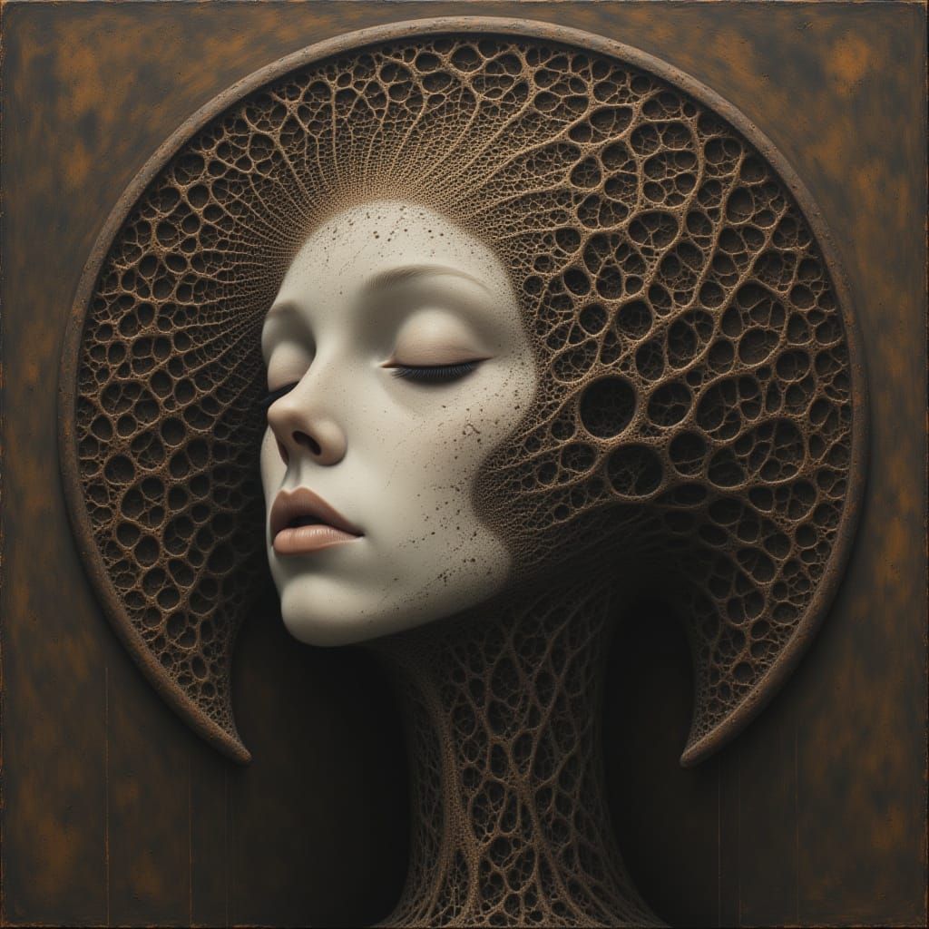 <lora:LV-426:1.0> HR Giger, biomechanical, surrealism, ossified lattice, oxidized copper, chiaroscuro, spectral, alabaster, female face, cat...