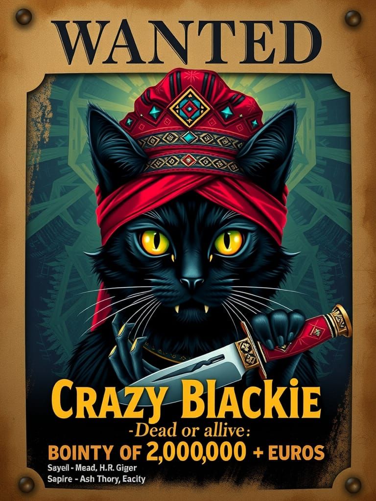 The title above the wanted bounty announcement: "WANTED". A colorful black cat wearing a red turban, ...  by @HIKER