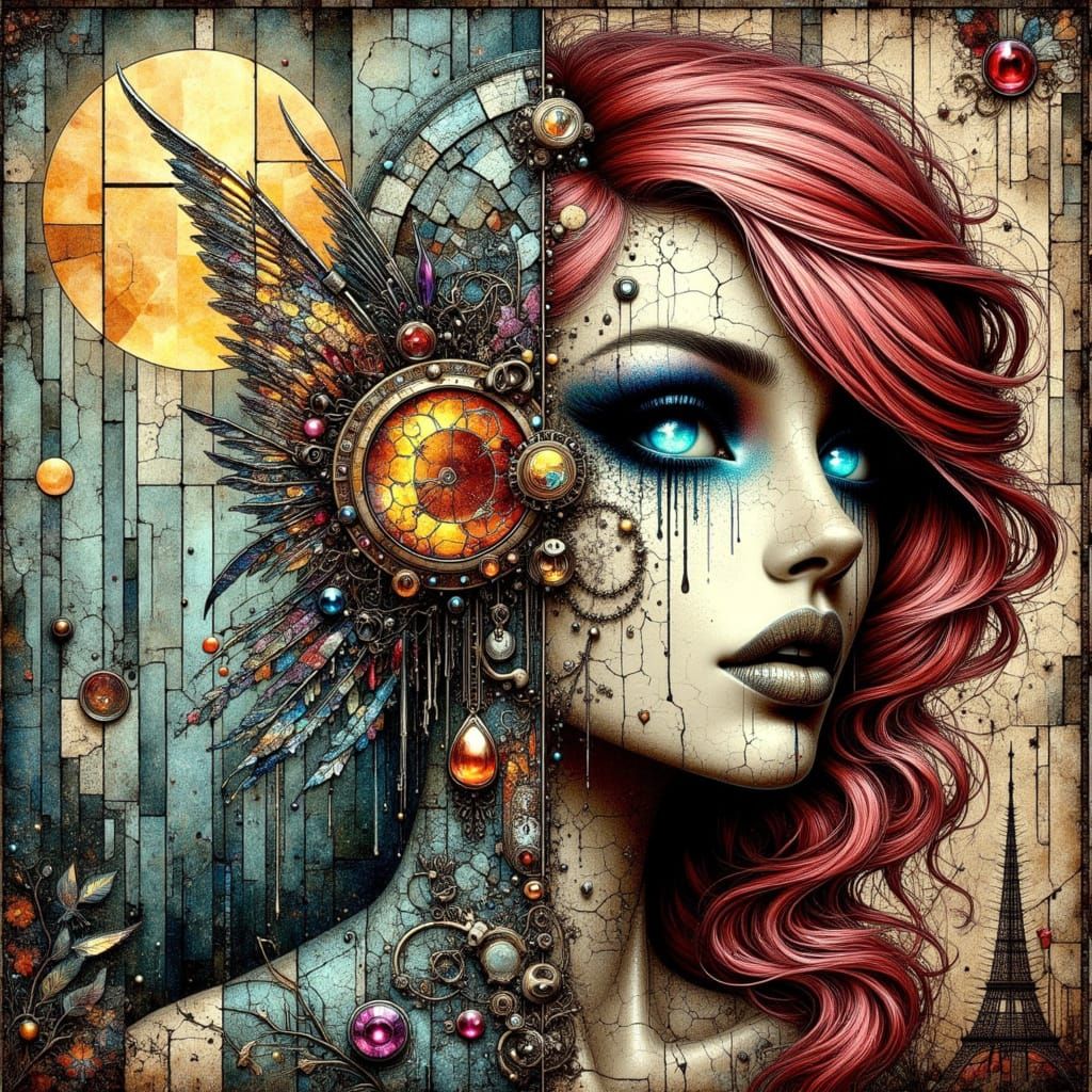 <lora:Fairytale Patchwork:1.0> 
 “where wishes rot and warnings whisper”

Art on textured paper Patchwork Mosaic Mixed media Collage  