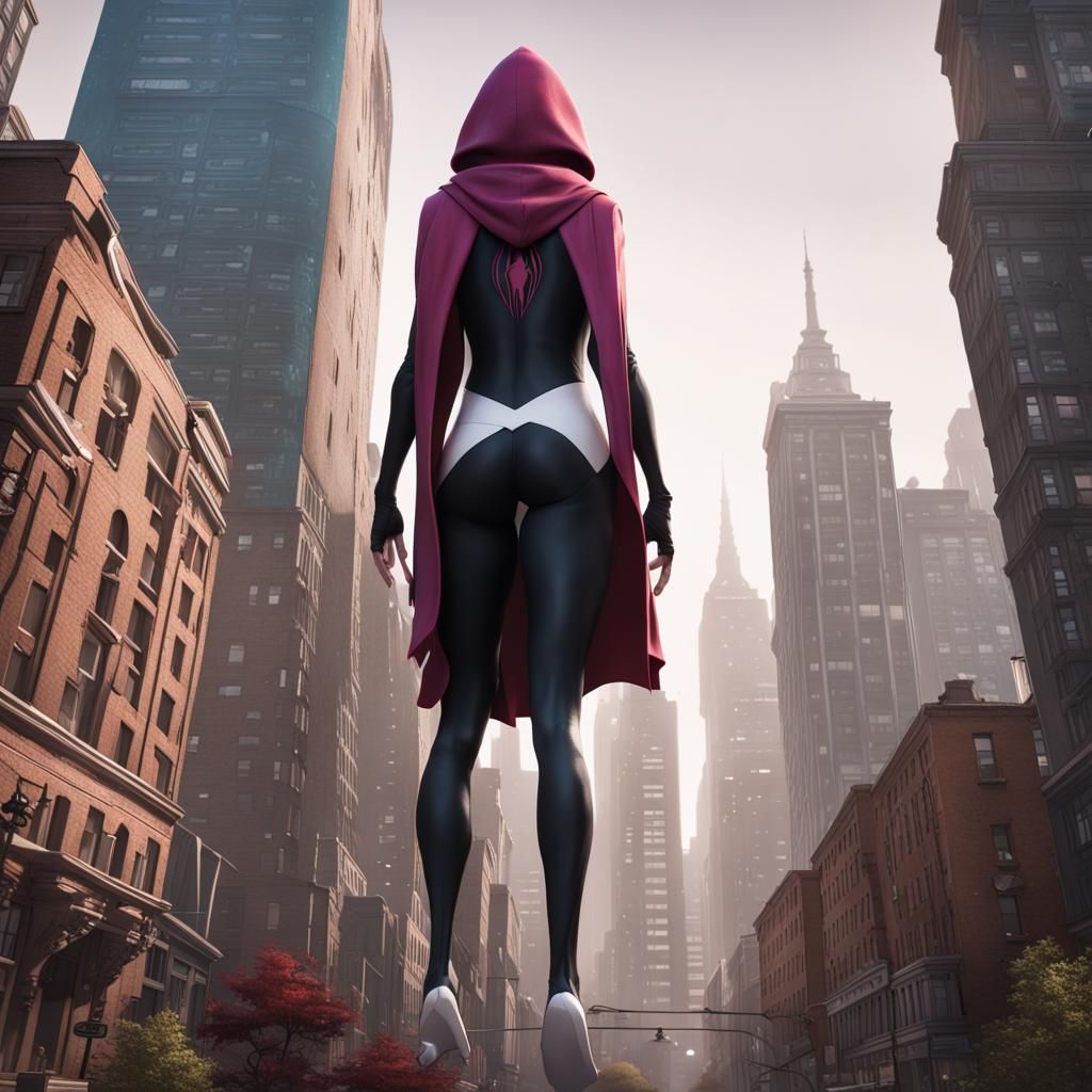 Spider-Gwen, with hood and mask, depicted as a colossal giant woman,  towering over buildings in a city, with tiny people looking up at her - AI  Generated Artwork - NightCafe Creator