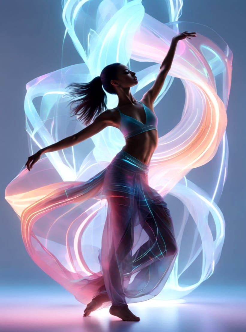 Futuristic Glowing Forms, multifarious dynamic transitions, dancer dancing, sarong, translucent