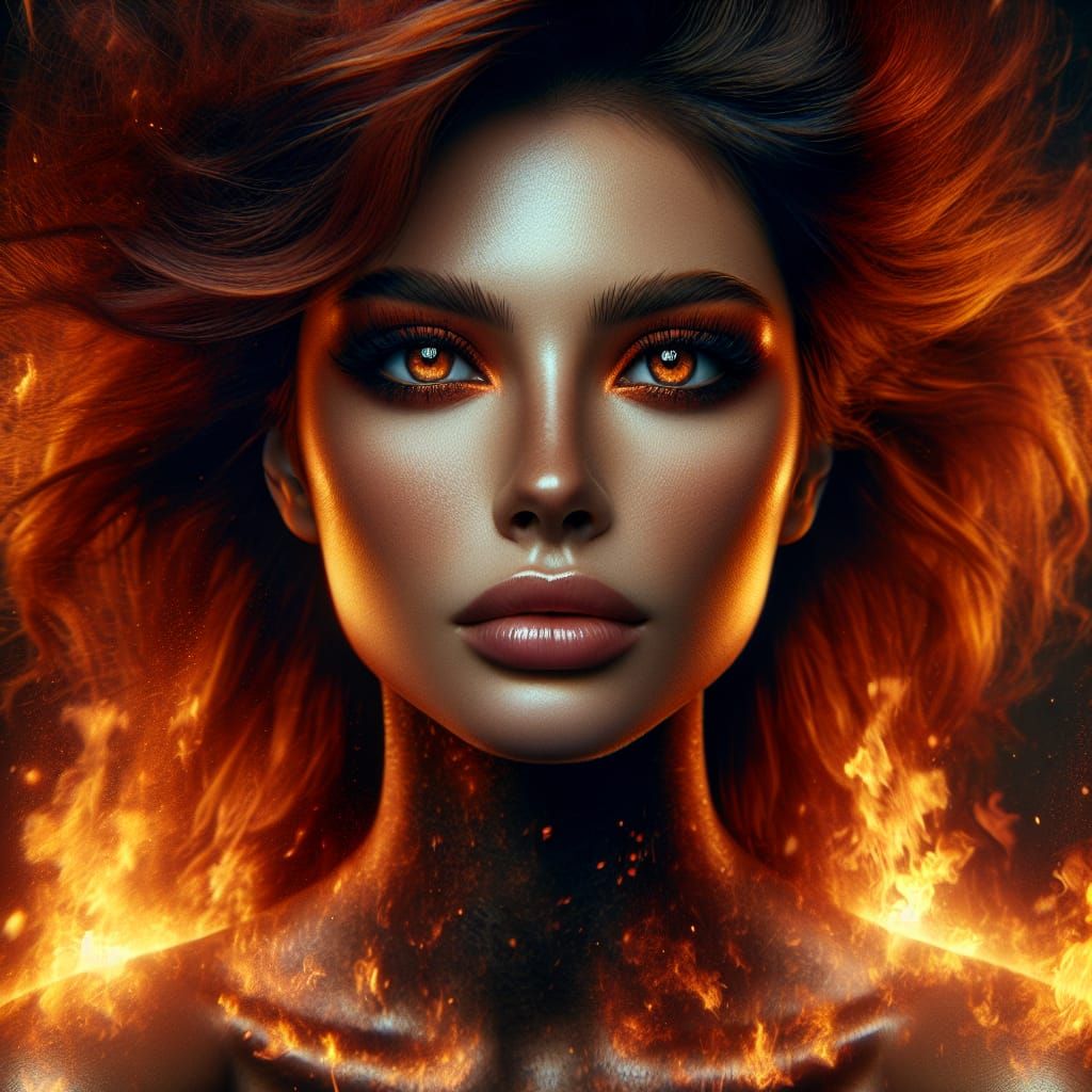 A Portrait Of A Woman With Firey Hair Fire In Her Eyes Intricate Details Hdr Beautifully Shot 9899