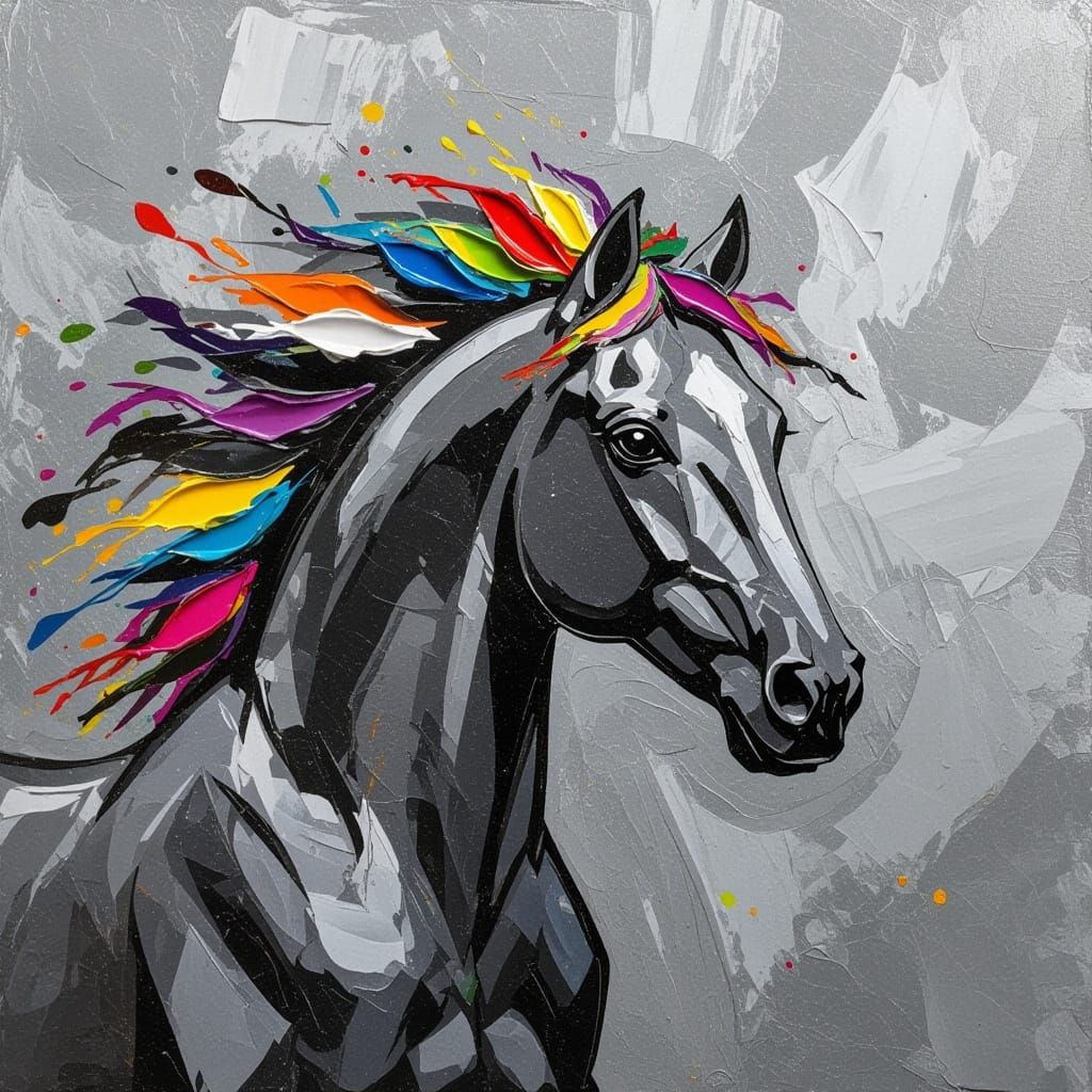   Monochrome impasto horse silhouette painted in dynamic gray strokes, with its mane erupting into thick, colorful streaks like fire or conf...