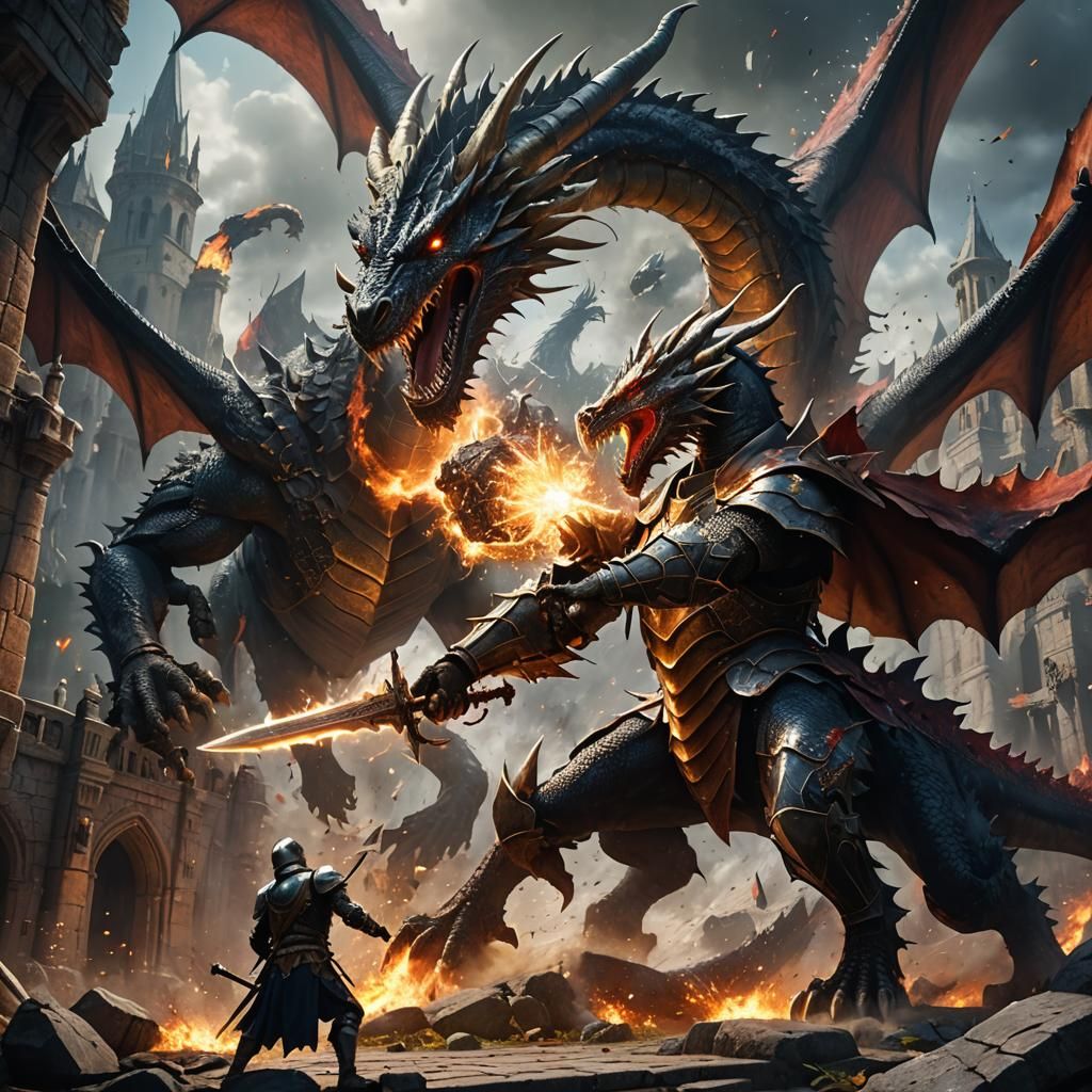 a knight fighting a dragon as the syn explodes