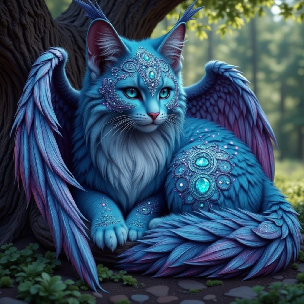 <lora:Pure Fantasy Cats:1.0> Fantasy art style. A magnificent fantasy cat with iridescent metallic light blue metallic shimmering wings and ...