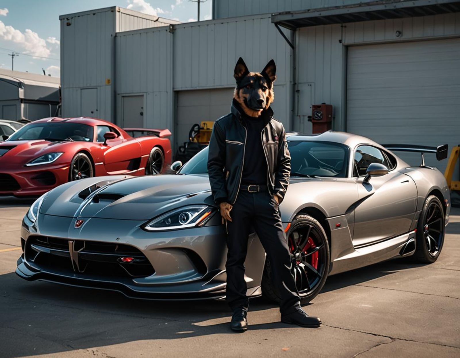 An anthro canine posing next to a 2025 Dodge Viper V12 concept car AI