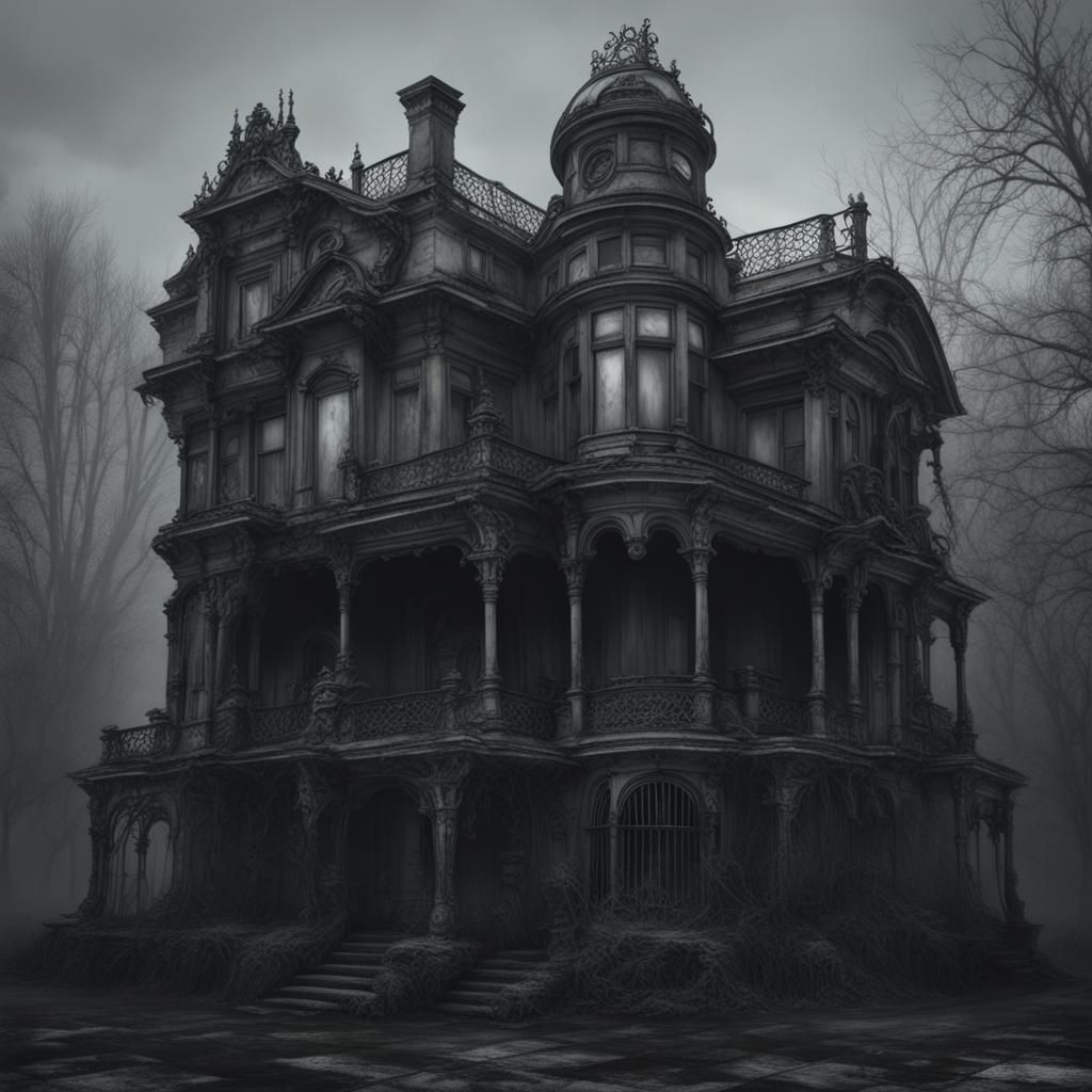 "Haunted mansion rundown art nouveau rococo architecture  di...