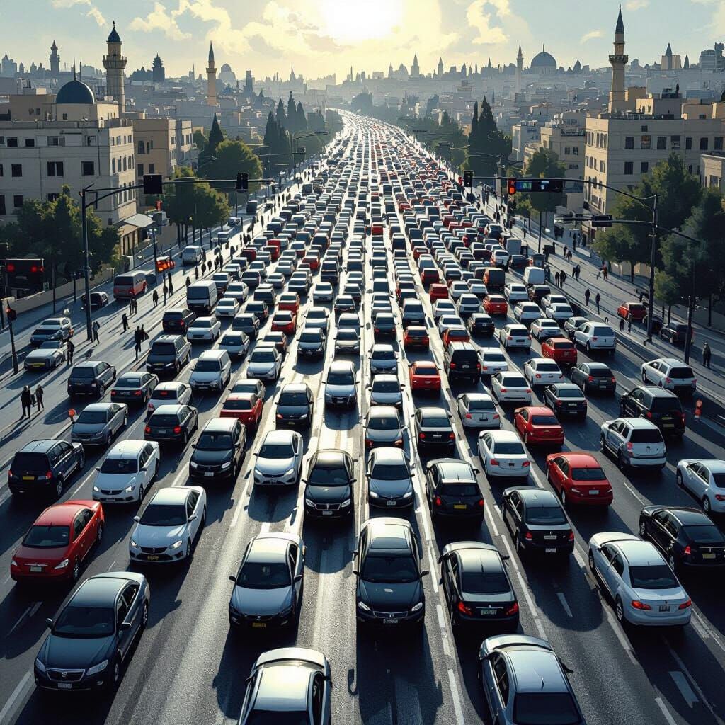 Chaotic Jerusalem Traffic Jam in Digital Painting Style