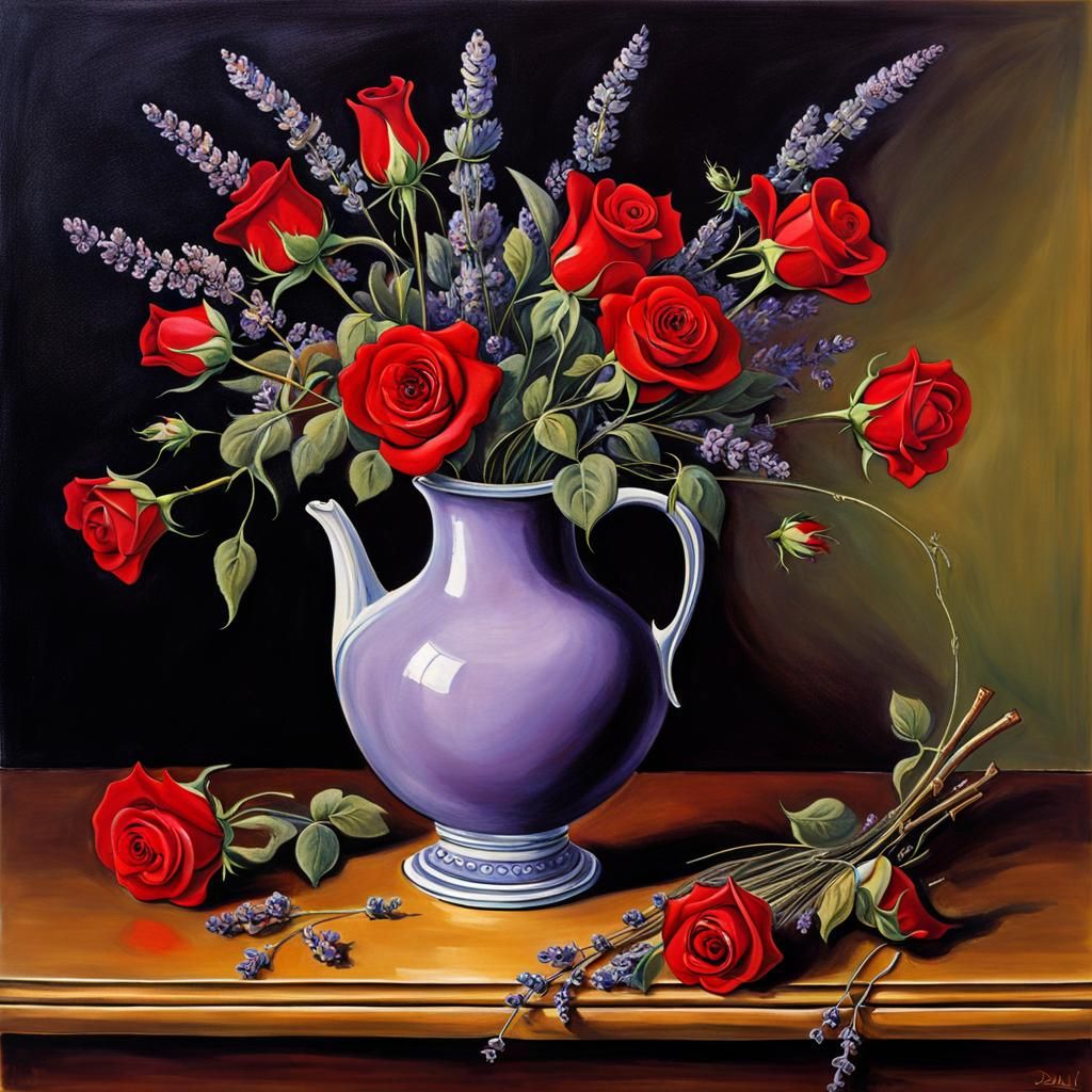 Salvador Dali style Flower Vase Still Life, with lavender an...