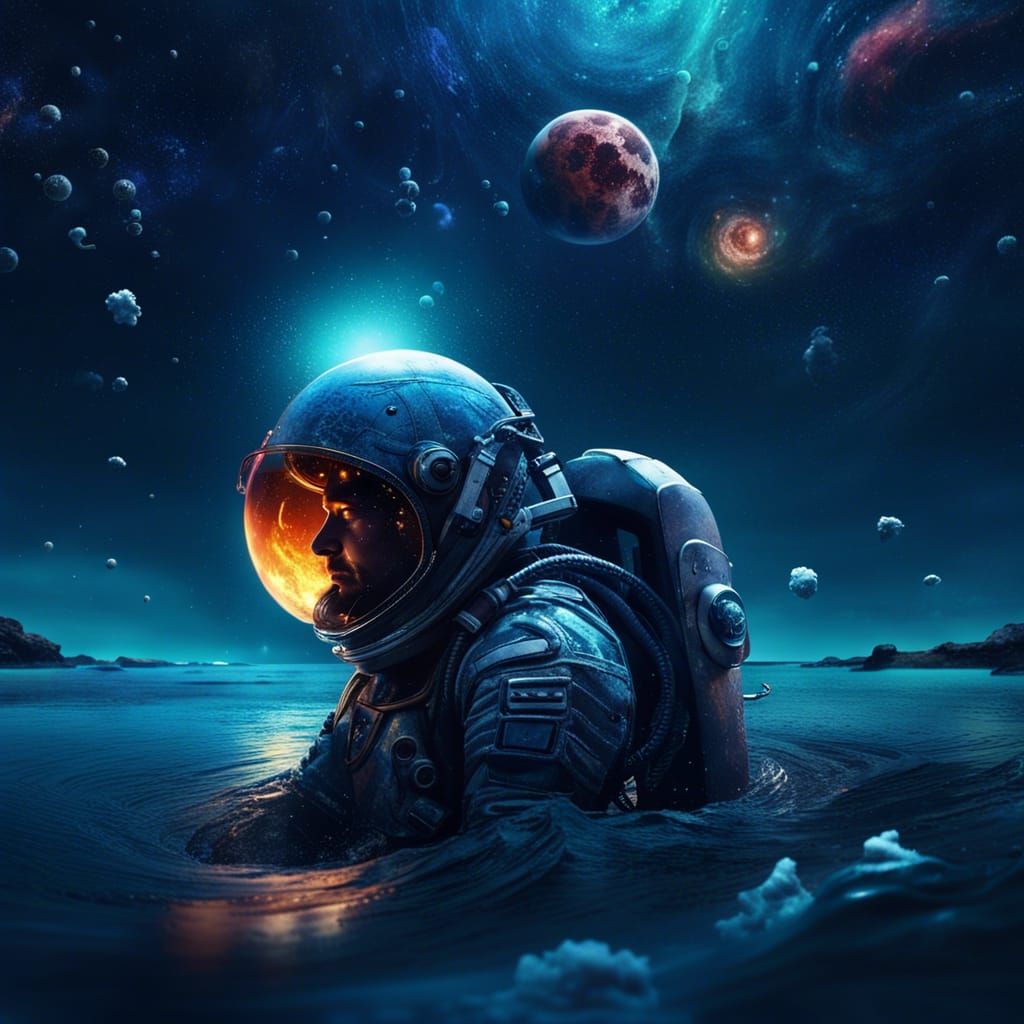 Astronauta com capacete furta-cor em praia dentro da água ma...