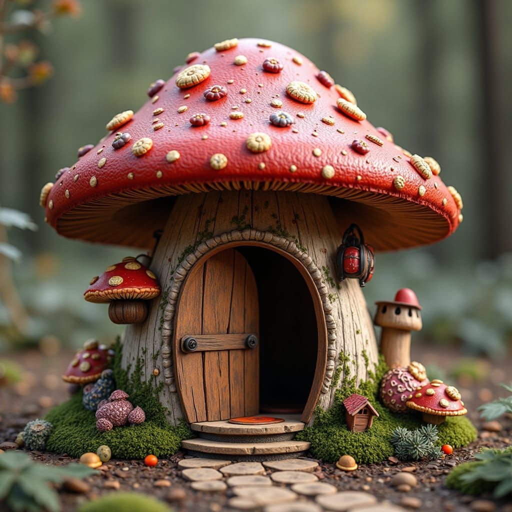 <lora:Chibi-Chibi:0.5> A toadstool home with a really huge, parquet, filigree wooden logo text, (Text: "Chibi-Chibi"), hanging proudly above...