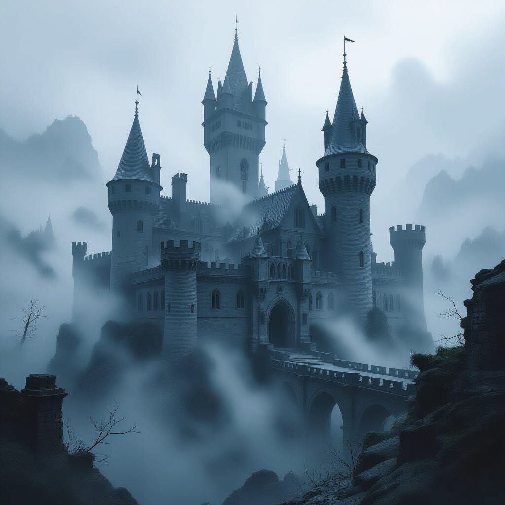 Dark creepy old castle fading into the misty fog  by @Erin