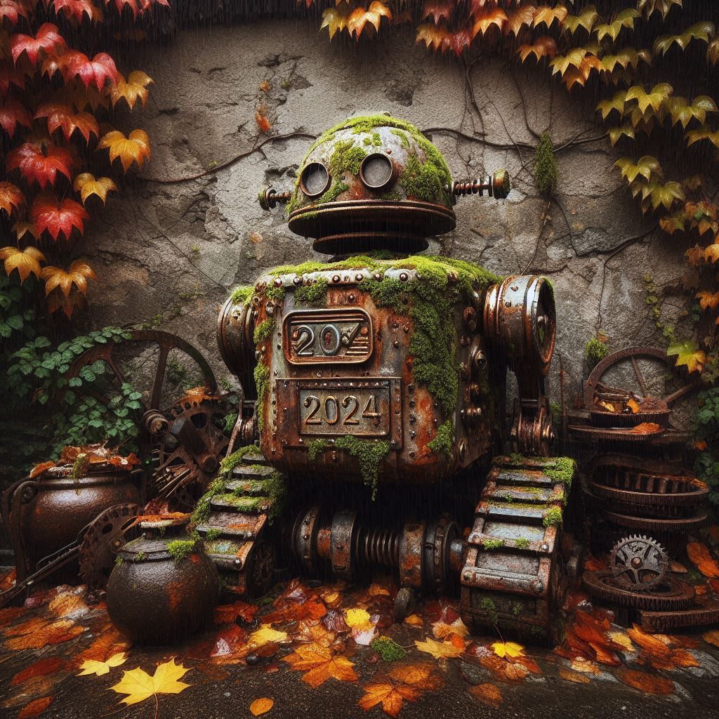 🍁 🤖 A vintage rusted robot marked "2024" covered with moss