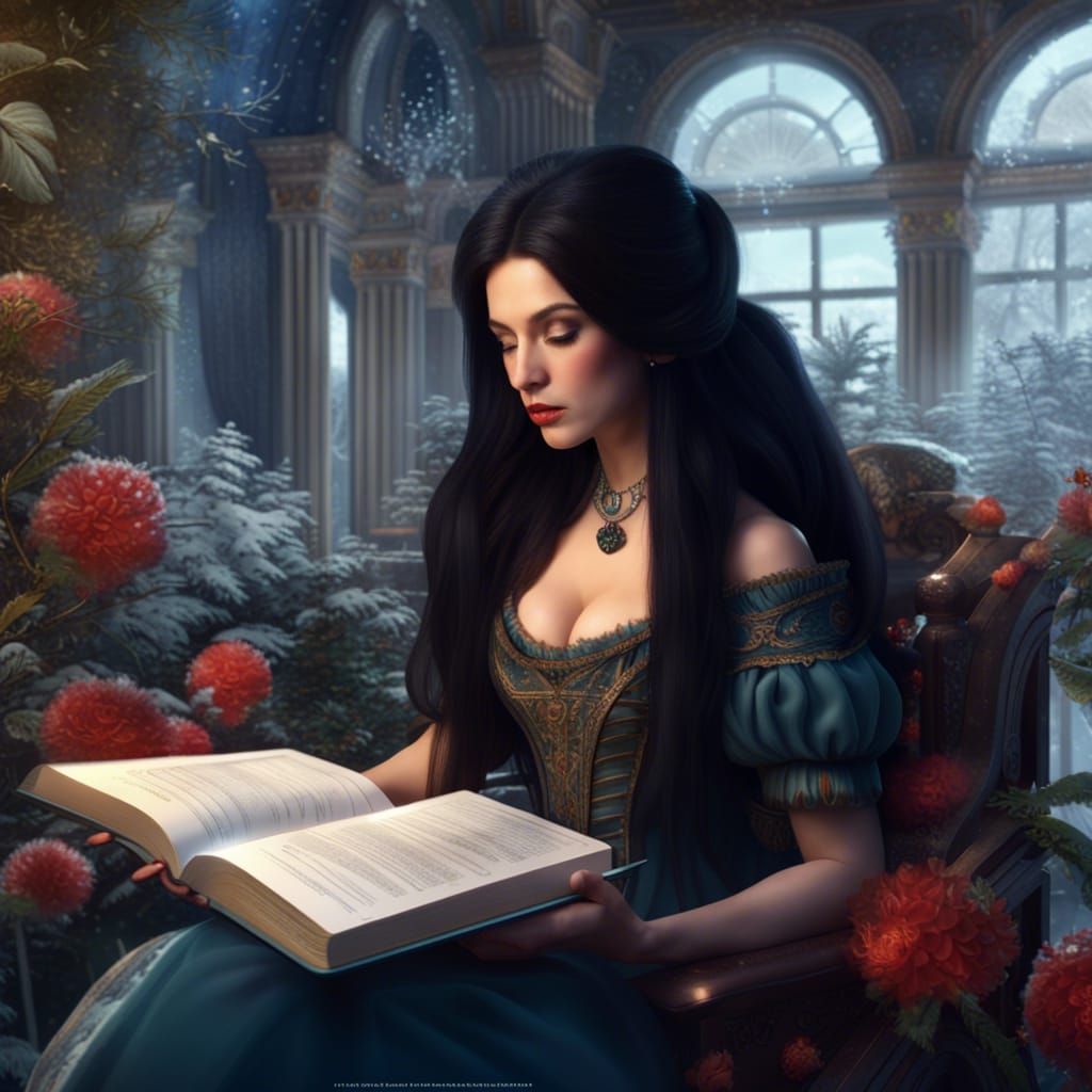 Regency beautiful lady with long black hair reading a book i...